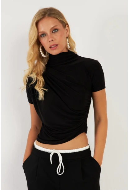 Kadın Siyah Büzgülü Bluz LPP1287