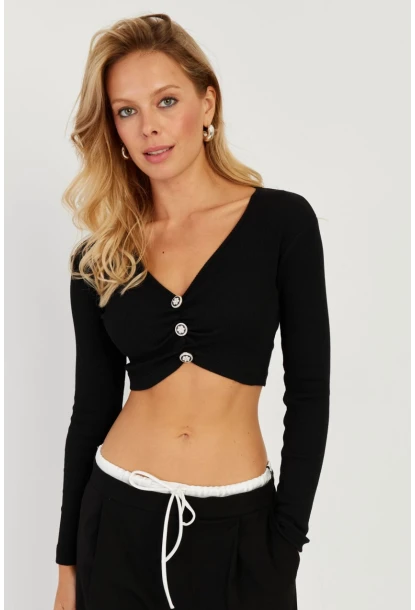 Kadın Siyah Büzgülü Düğme Detaylı Crop Bluz EY2716