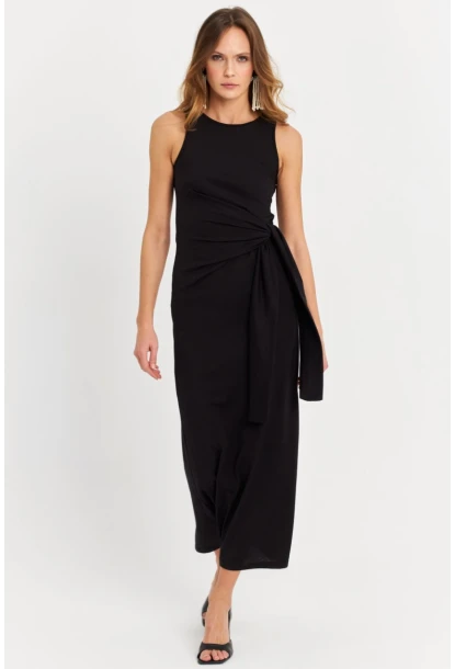 Kadın Siyah Büzgülü Kolsuz Midi Elbise TF75