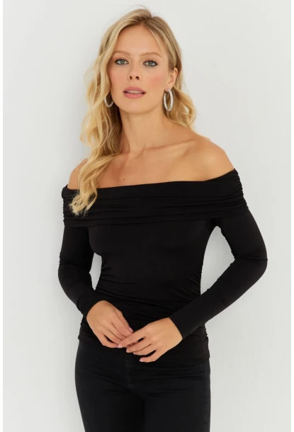 Kadın Siyah Büzgülü Madonna Bluz MON1119