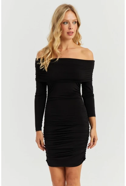 Kadın Siyah Büzgülü Madonna Mini Elbise MON1118