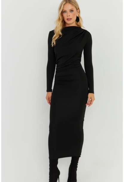 Kadın Siyah Büzgülü Midi Elbise KED5000