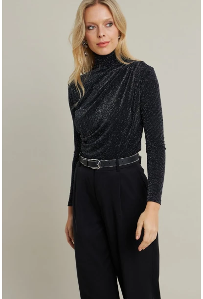 Kadın Siyah Büzgülü Simli Bluz ELT3568