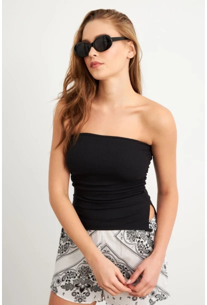 Kadın Siyah Büzgülü Straplez Bluz LPP1308