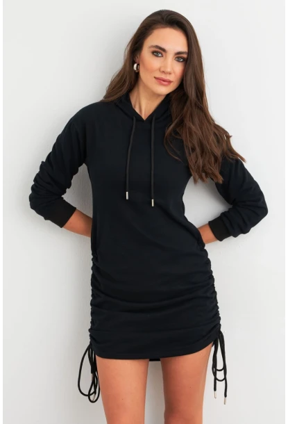 Kadın Siyah Büzgülü Sweat Elbise XC8101