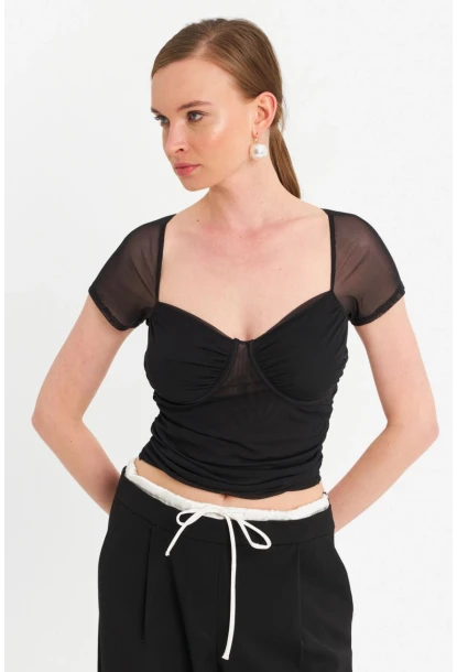 Kadın Siyah Büzgülü Tül Crop Bluz TPG04