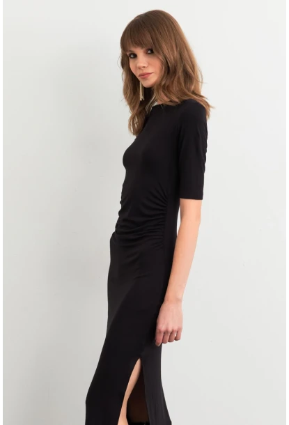 Kadın Siyah Büzgülü Yırtmaçlı Tshırt Elbise FS9594