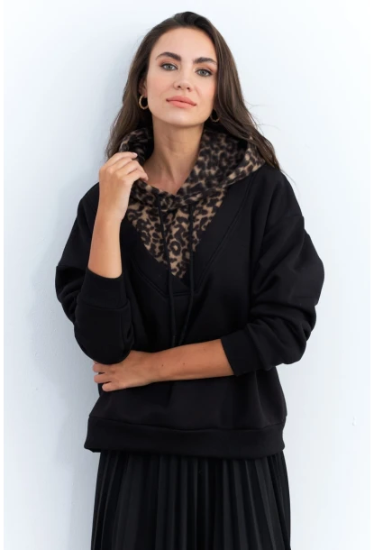 Kadın Siyah-Camel Leopar Bloklu Sweatshirt PP6415