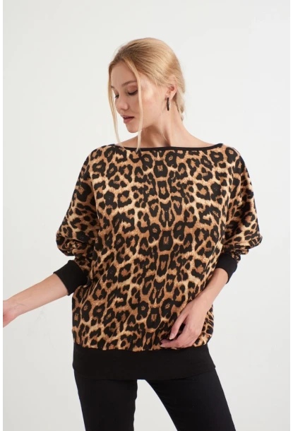 Kadın Siyah -Camel Leopar Desenli Sırtı Açık Yarasa Kol Sweatshirt B161