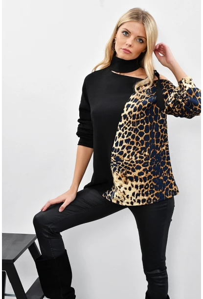 Kadın Siyah-Camel Tek Omuzu Açık Kontrast Sweatshirt Yİ1683