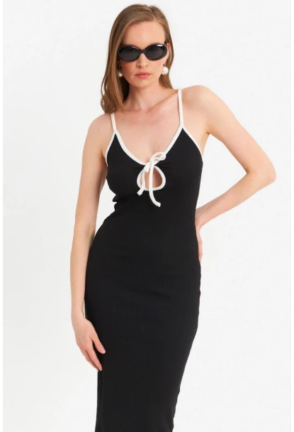 Kadın Siyah Çapraz Askılı Midi Elbise OR2452