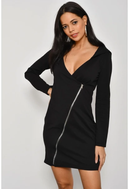 Kadın Siyah Çapraz Fermuarlı Kapüşonlu Sweat Elbise B61