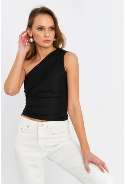 Kadın Siyah Çapraz Yaka Crop Bluz B6082