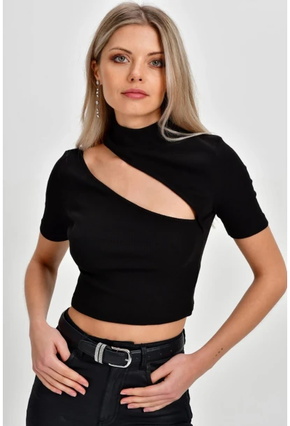 Kadın Siyah Çapraz Yaka Kaşkorse Kısa Bluz B74
