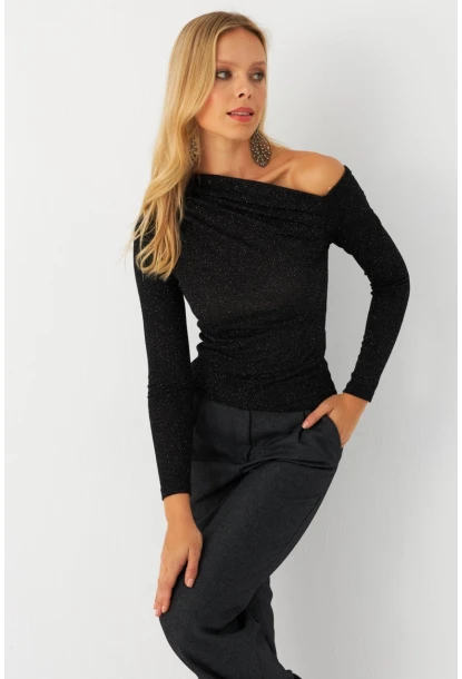 Kadın Siyah Çapraz Yaka Simli Bluz ERL10060