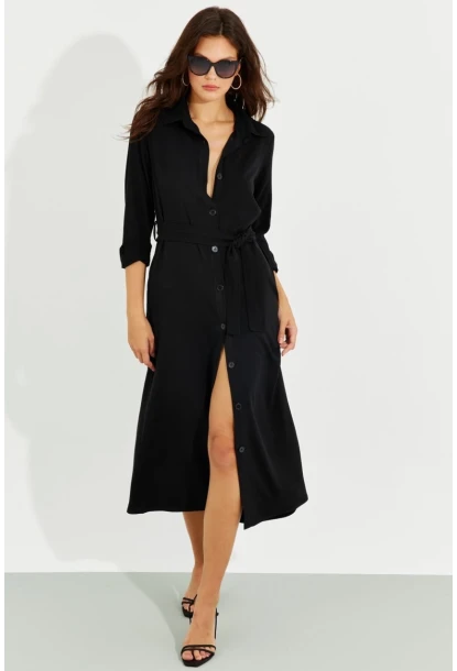 Kadın Siyah Cepli Gömlek Midi Elbise BK1683