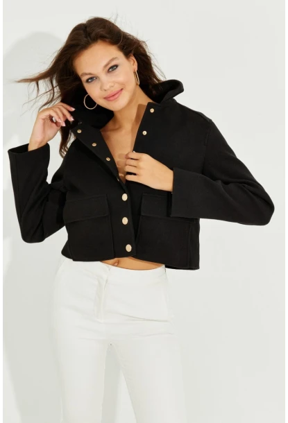 Kadın Siyah Cepli Kısa Kaşe Ceket TW50048