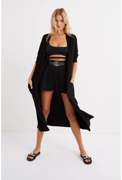 Kadın Siyah Cepli Maxi Hırka LV148