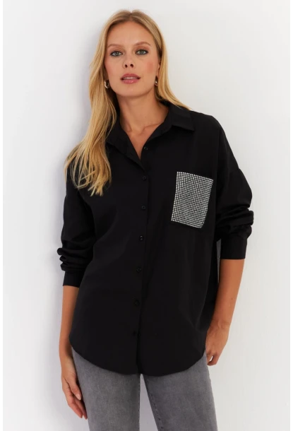 Kadın Siyah Cepli Taşlı Gömlek MZER414
