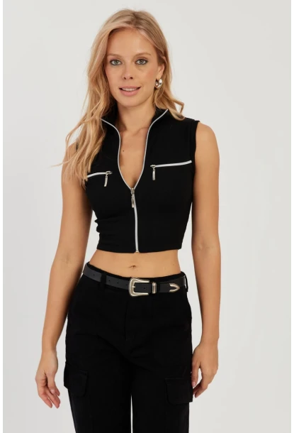 Kadın Siyah Çift Fermuarlı Kaşkorse Bluz EY2735