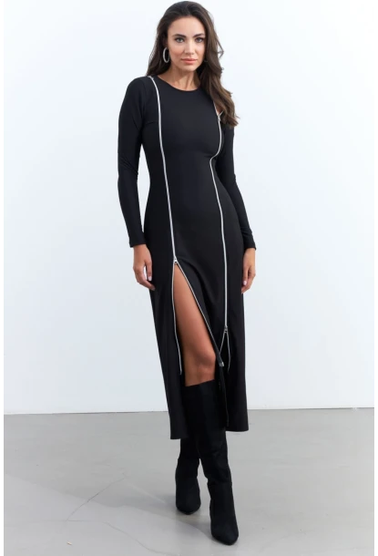 Kadın Siyah Çift Fermuarlı Maxi Elbise ELT4039
