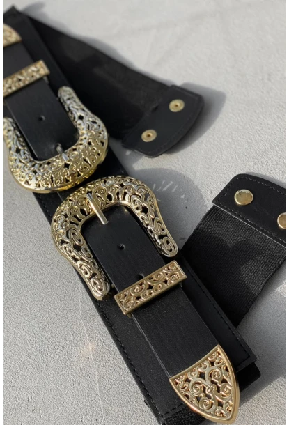 Kadın Siyah Çift Tokalı Lastikli Kemer BE617