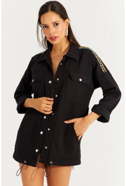 Kadın Siyah Çıtçıtlı Denim Gömlek Ceket İS2120