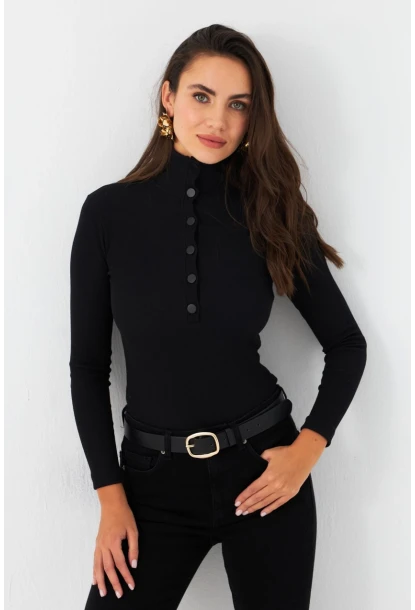 Kadın Siyah Çıtçıtlı Kaşkorse Bluz EY2983