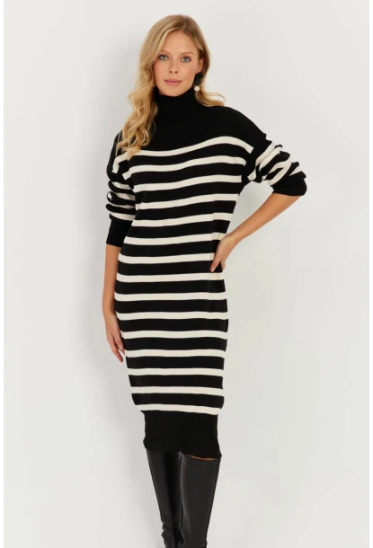 Kadın Siyah Çizgili Balıkçı Triko Midi Elbise SF2539