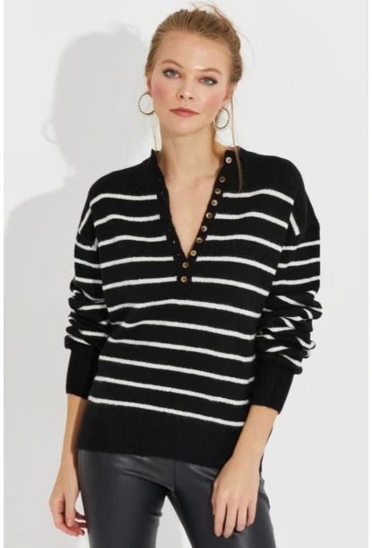 Kadın Siyah Çizgili Triko Kazak SMT219