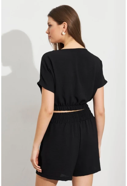 Kadın Siyah Crop Şort Takım Q1014