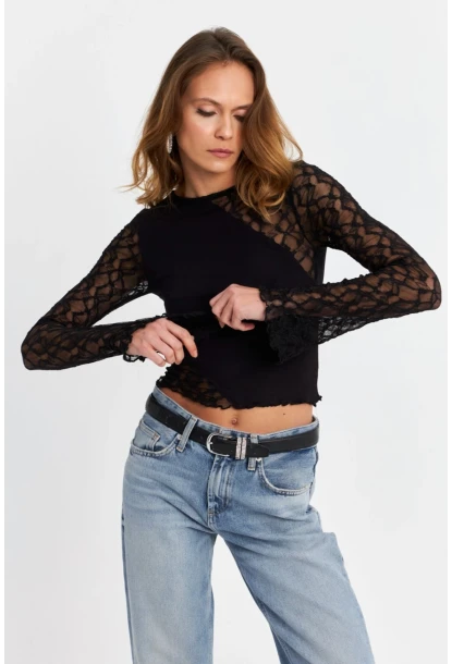 Kadın Siyah Dantel Bloklu Bluz FS9832