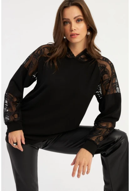 Kadın Siyah Dantel Detaylı Kapüşonlu Sweatshirt MBK58
