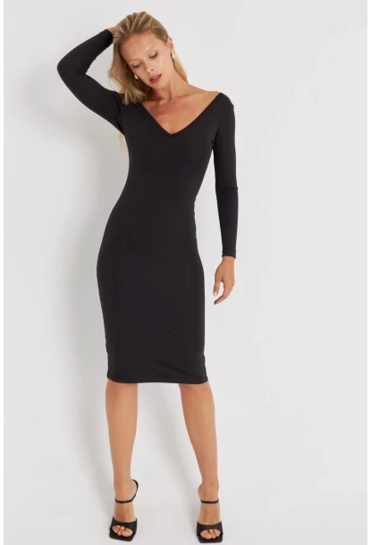 Kadın Siyah Dantel Detaylı Midi Elbise EY2671