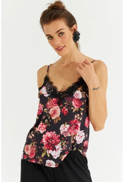 Kadın Siyah Dantelli Askılı Çiçekli Bluz LPP1227