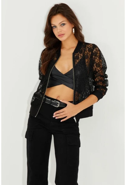 Kadın Siyah Dantelli Fermuarlı Bomber Ceket ST823