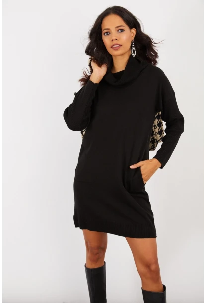 Kadın Siyah Degaje Yaka Triko Mini Elbise YV73