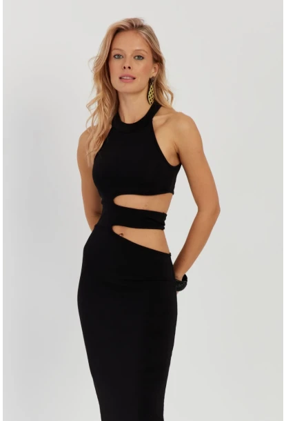 Kadın Siyah Dekolteli Maxi Elbise MEN2031