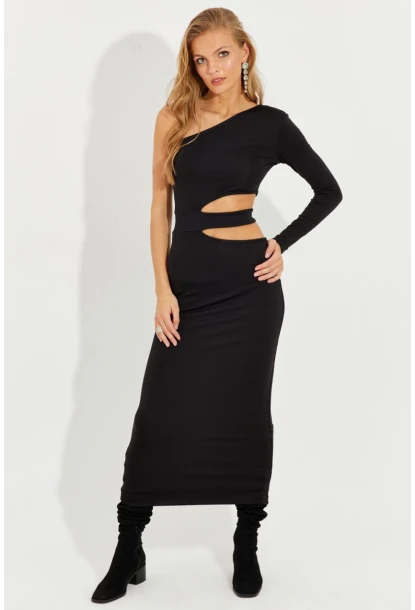 Kadın Siyah Dekolteli Tek Omuz Midi Elbise EY2577