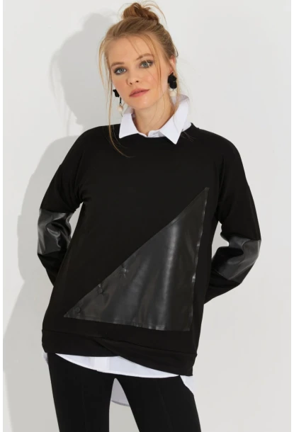 Kadın Siyah Deri Bloklu Sweathirt ST6015