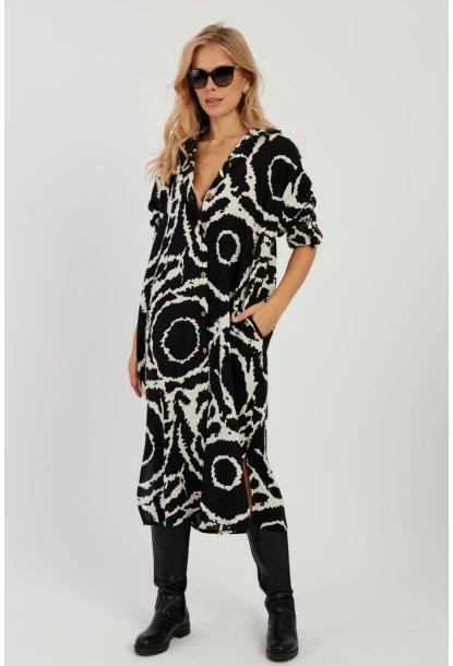 Kadın Siyah Desenli Gömlek Elbise LV174