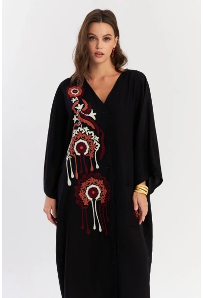 Kadın Siyah Desenli Maxi Dokuma Elbise ALO150