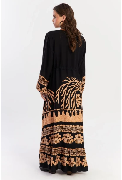 Kadın Siyah Desenli Maxi Dokuma Elbise ALO237