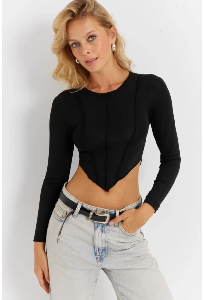 Kadın Siyah Dikişli Crop Bluz CG361