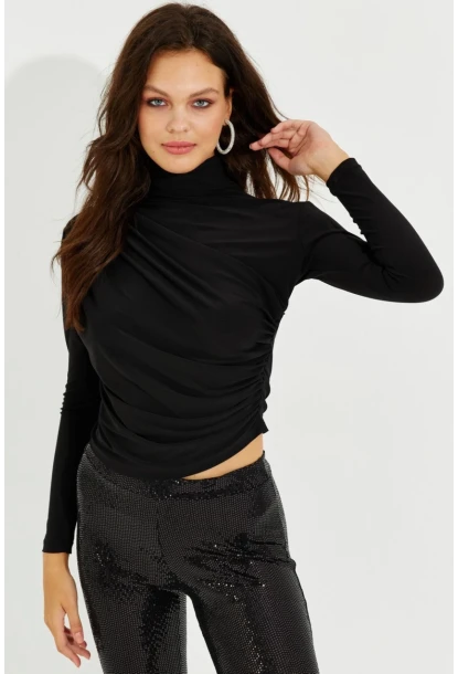 Kadın Siyah Drapeli Bluz LPP1226