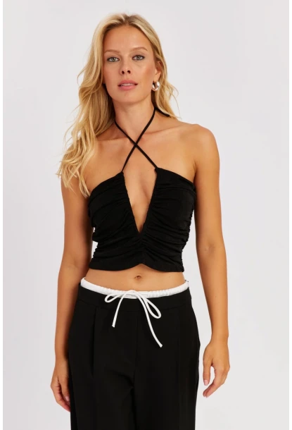 Kadın Siyah Drapeli Crop Bluz KED154