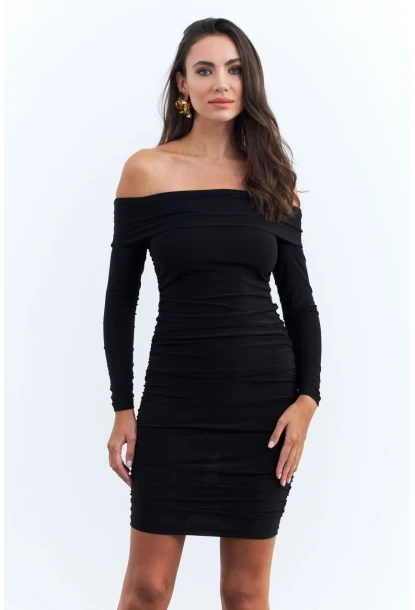 Kadın Siyah Drapeli Degaje Mini Elbise ELT3697