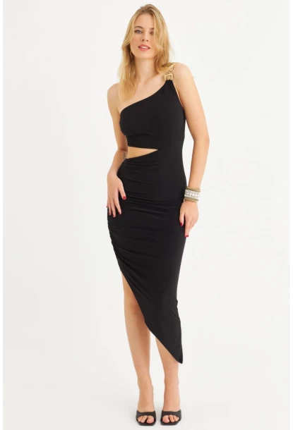 Kadın Siyah Drapeli Dekolteli Midi Elbise SDY1264