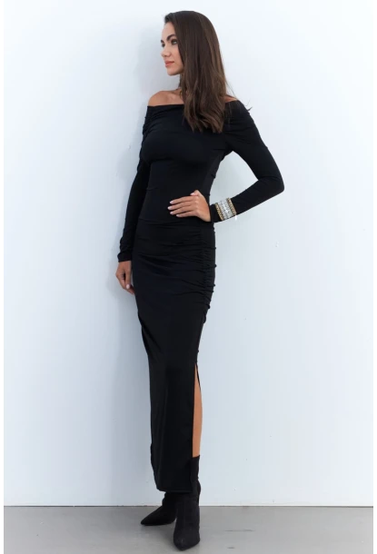 Kadın Siyah Drapeli Maxi Elbise SHR7