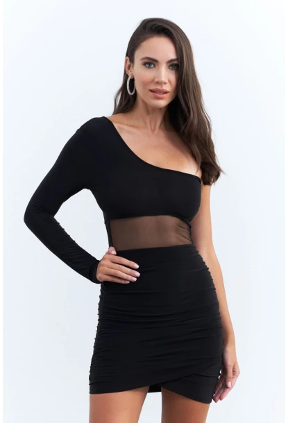 Kadın Siyah Drapeli Tül Detaylı Mini Yılbaşı Elbise ELT3850